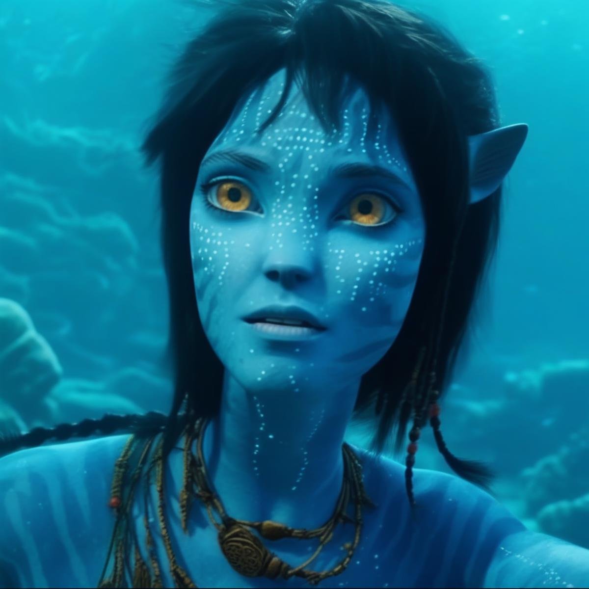 Kiri, na’vi, blue skin, glowing freckles, black hair, tribal jewelry, female, underwater scene, coral in background, air bubbles, realistic_eyes, skin details, extreme details, HD resolution, movie scene, movie still