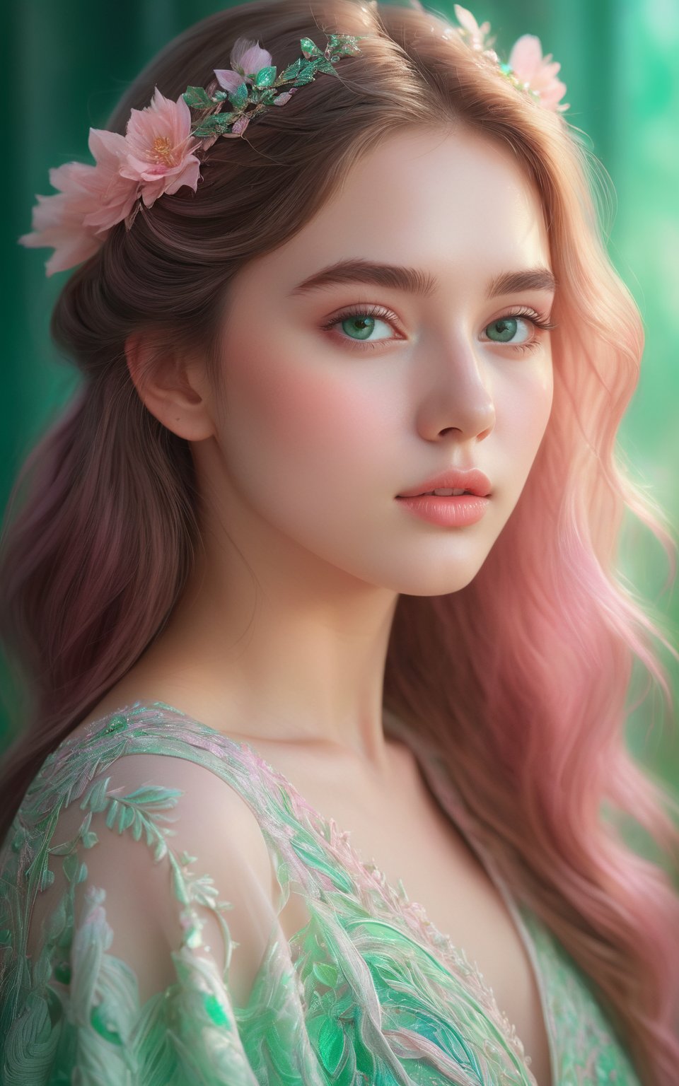 (best quality, 4K, 8K, high-resolution, masterpiece), ultra-detailed, colorful pastel, beautiful young woman, digital art, detailed facial features, light pink tones, emerald tones, charming character illustrations, soft focus, intricate design, gentle expression, ethereal atmosphere, vibrant colors, delicate details, artistic elegance, high detail, high resolution.