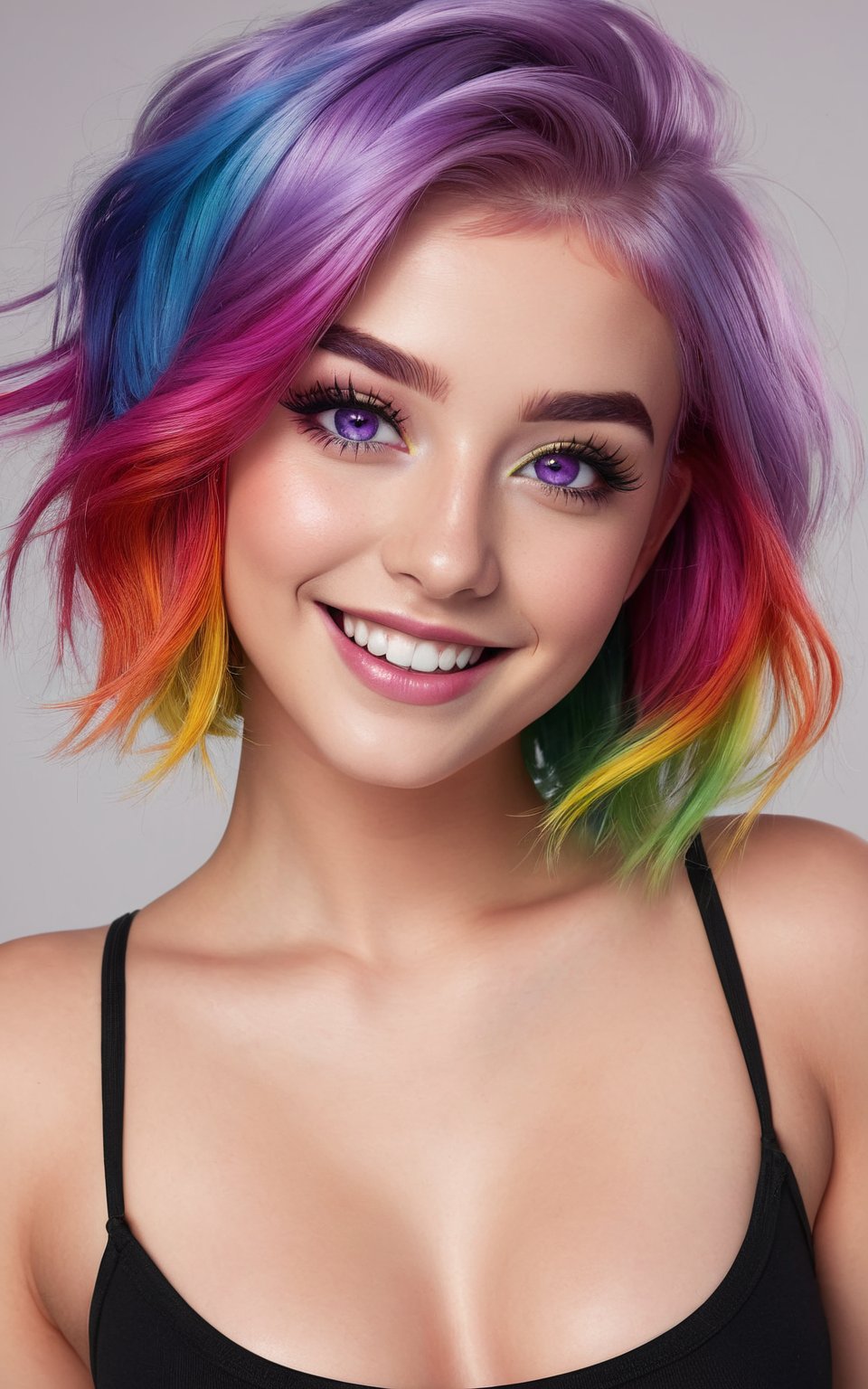 (best quality, highres)women, short crop top, rainbow hair, purple eyes, cute smile, full body tattoo, beautiful detailed eyes, beautiful detailed lips, extremely detailed eyes and face, long eyelashes, vivid colors, physically-based rendering, studio lighting, portraits