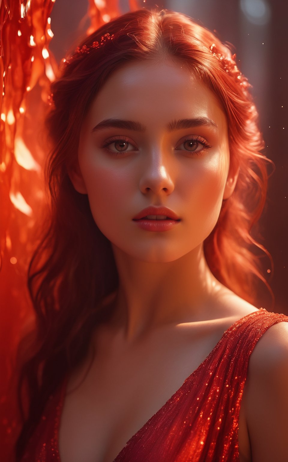(best quality, 4K, 8K, high-resolution, masterpiece), ultra-detailed, photorealistic, young stunning woman, ethereal glow, red hues, soft lighting, melting effect, surreal atmosphere, digital art.