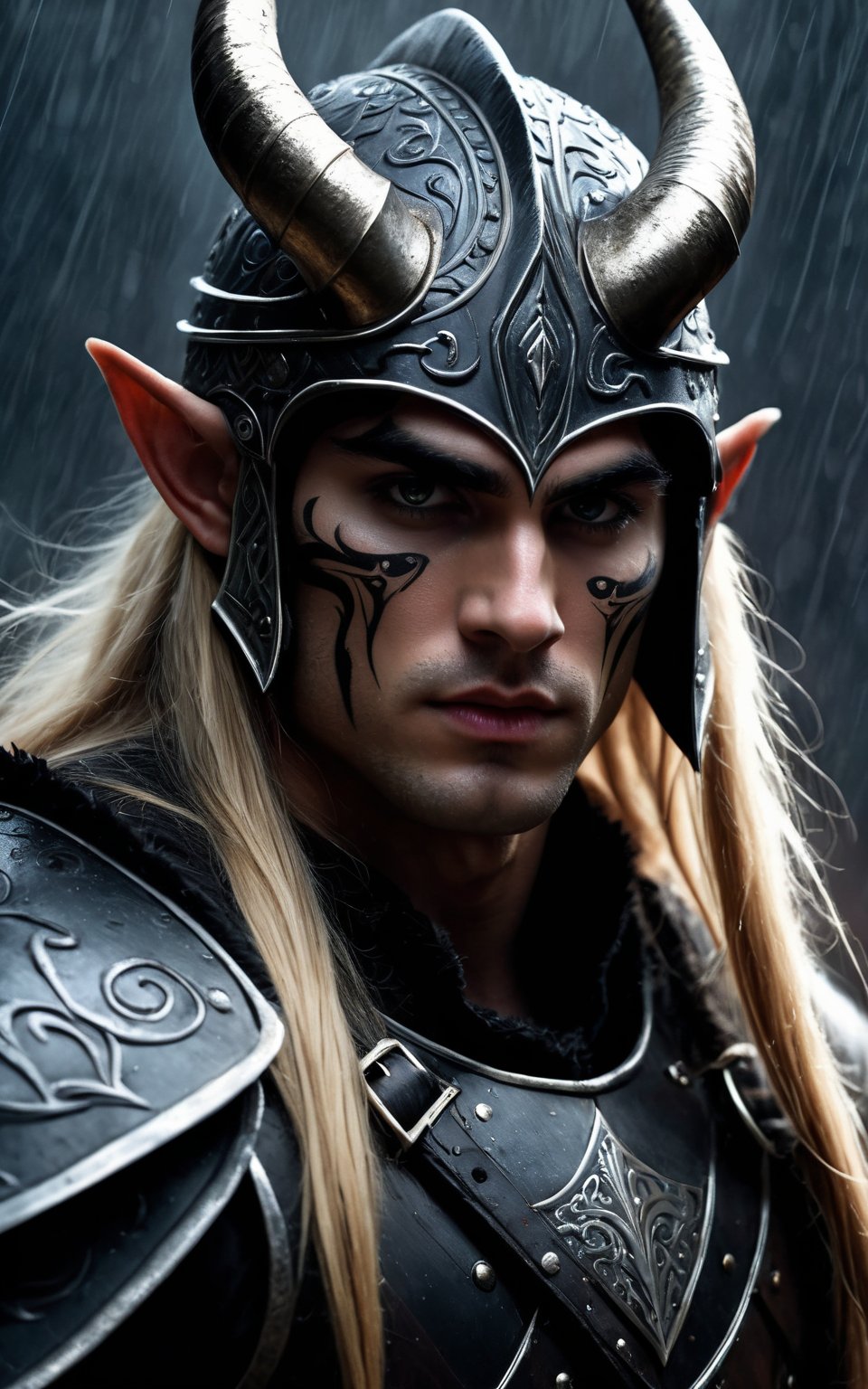 (high quality, digital art, fantasy character, dark and atmospheric), close-up portrait of a fierce warrior, male, wearing a horned helmet, long blonde hair, intense gaze, black face paint in tribal patterns, pointed elf-like ears, wearing dark and rugged armor, dimly lit, background with a gloomy and mystical atmosphere, rain falling, flickering firelight in the distance, shadows and dramatic lighting, detailed textures, high contrast, captivating and menacing expression, medieval and fantasy elements, cinematic composition, high resolution, intricate details.