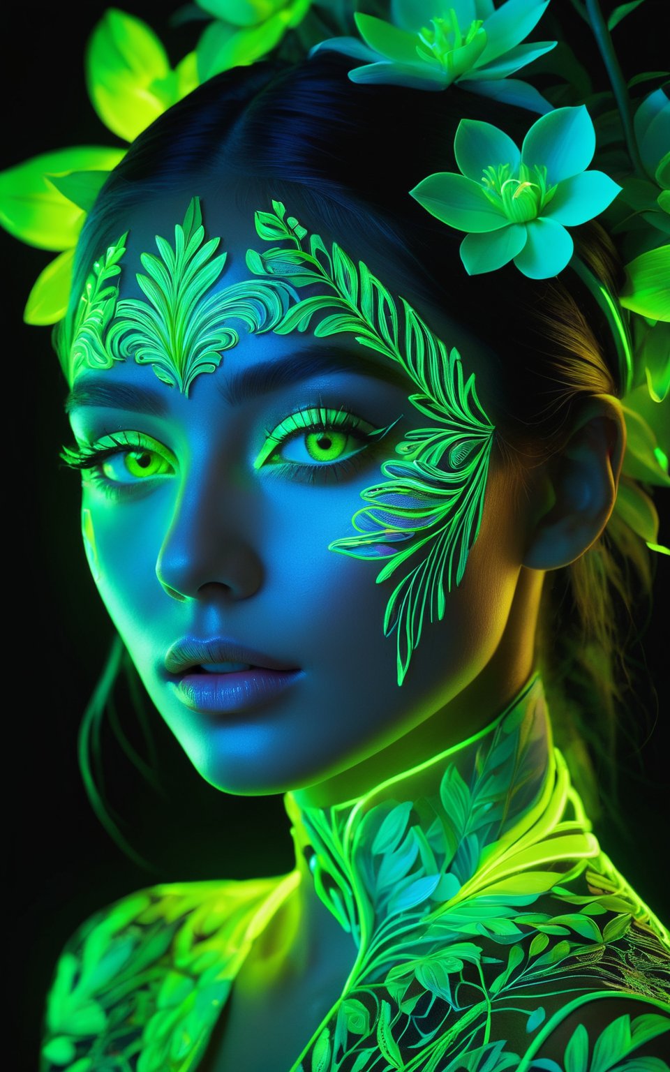 A vibrant and hyper-detailed portrait of a woman's face illuminated with neon light. Her face is adorned with intricate, glowing floral patterns and botanical elements. Her eyes are glowing neon green, and her lips are highlighted with neon light. The background is dark, enhancing the glow of the neon details. The overall style is a fusion of neon art and botanical motifs, creating a mesmerizing and surreal composition. (hyper-detailed, neon light, glowing floral patterns, botanical elements, neon green eyes, neon-highlighted lips, dark background, fusion of neon art and botanical motifs, mesmerizing, surreal)