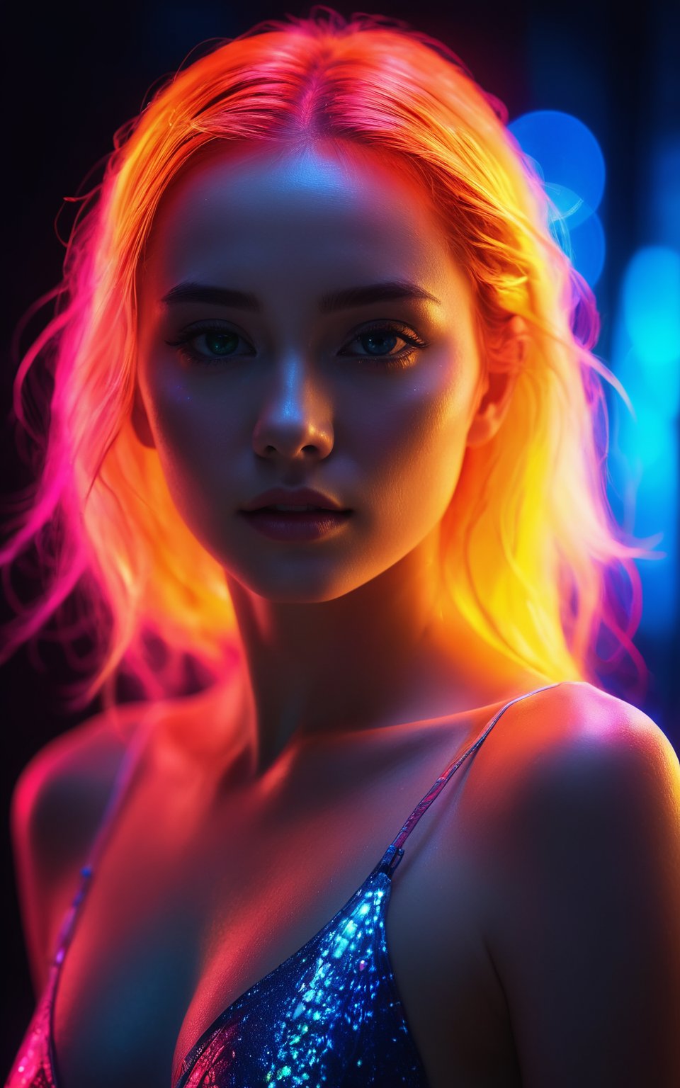 silhouette of a woman, phantasmagorical figure, translucent skin, translucent body, portrait, neon lights, light particles, colorful, cmyk colors, backlit, best quality, 4k, 8k, highres, masterpiece:1.2, ultra-detailed, realistic, photo-realistic:1.37, HDR, UHD, studio lighting, ultra-fine painting, sharp focus, physically-based rendering, extreme detail description, professional, vivid colors, bokeh, portraits, landscape, horror, anime, sci-fi, photography, concept artists, vibrant color palette, soft and warm lighting
