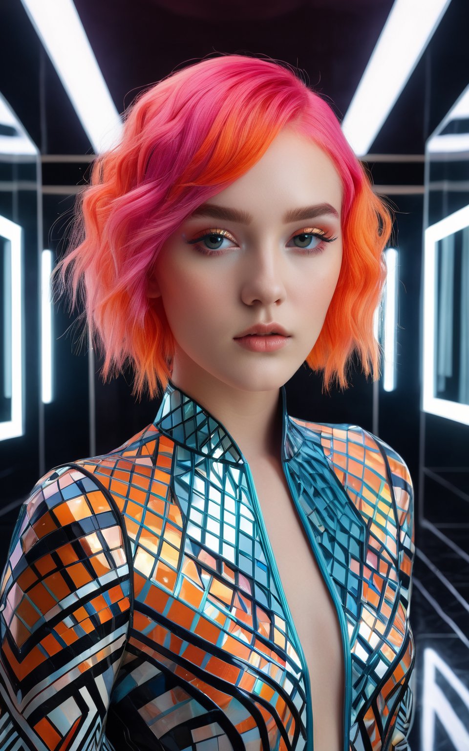 (best quality, 4K, 8K, high-resolution, masterpiece), ultra-detailed, photorealistic, young woman, vibrant neon hair, geometric Art Deco patterns on face, surreal dream-like setting, mirror-like floors, mirror-like walls, reflections, posing, intricate facial designs, modern fashion, ethereal lighting, digital art