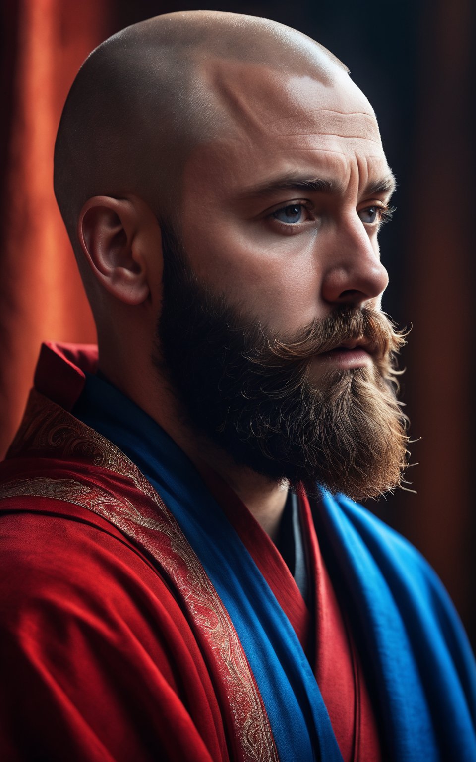 (best quality, 4K, 8K, high-resolution, masterpiece), ultra-detailed, realistic, photorealistic, portrait of a man with a beard, side profile, intense expression, shaved head, red and blue color scheme, dramatic lighting, flowing robes, abstract background, red tones, blue tones, high contrast, textured clothing, dynamic composition, high detail, high resolution, 1man, solo, side view, red robes, intense gaze.