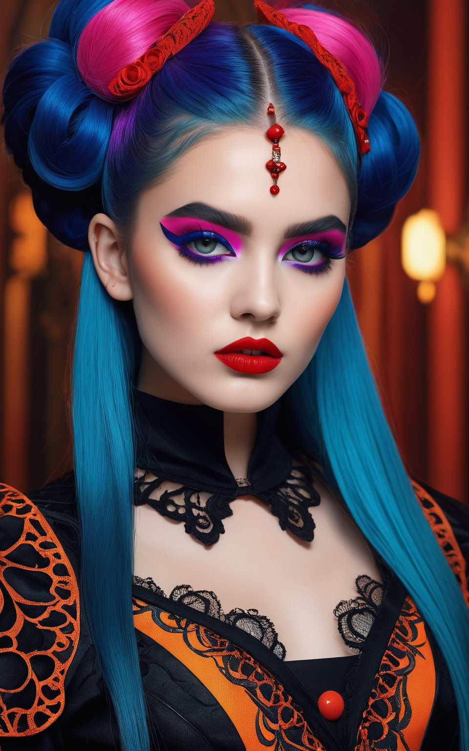 (best quality, 4K, 8K, high-resolution, masterpiece), ultra-detailed, photorealistic, striking young woman, bold Neo-Gothic makeup, bold Neo-Gothic hair, vibrant Pop Art inspired outfit, intricate facial designs, modern fashion, high fashion, vibrant colors, digital art