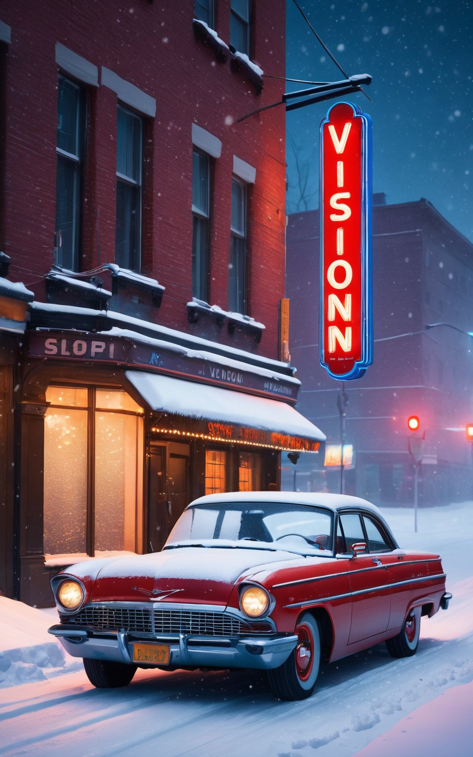 detailed scene of a vintage red car with "Vision" license plate parked on a snowy street in front of a neon-lit building with the sign "AiArtV". The atmosphere is cozy and cinematic with soft snowflakes falling gently, adding a magical touch to the winter night. The background shows blurred lights and windows, enhancing the depth and focus on the car. The overall color palette includes warm tones from the neon lights contrasting with the cool blues of the snow, creating a visually striking and nostalgic ambiance.