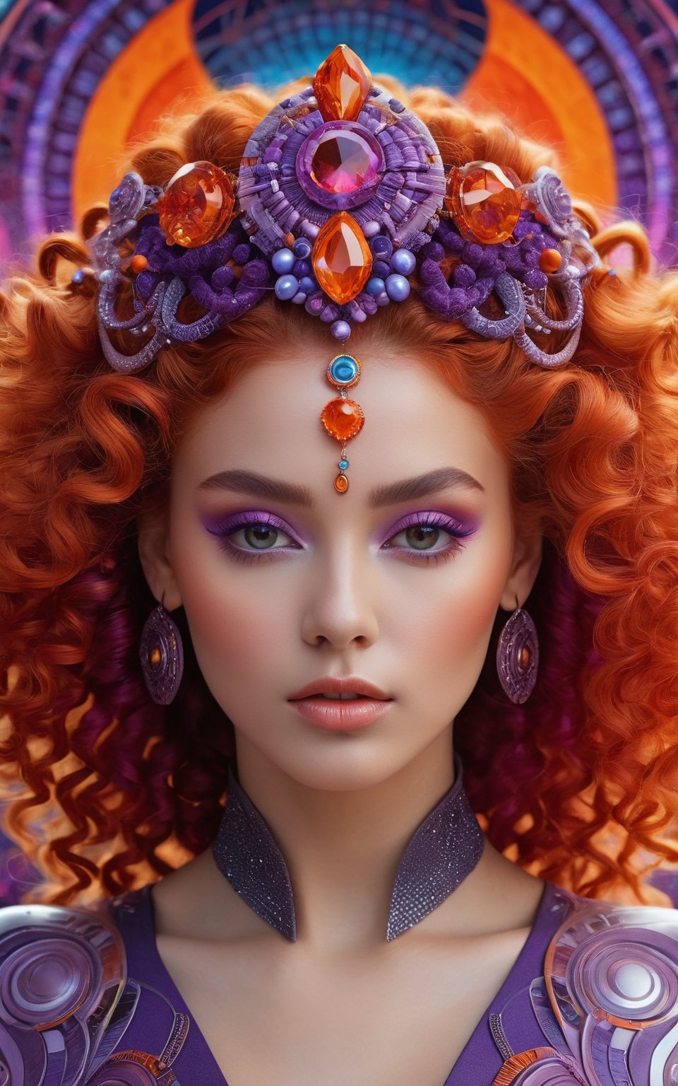 (best quality,8K,highres,masterpiece), ultra-detailed, (portrait of a woman with intricate, vibrant hair and a futuristic, ethereal style), portrayal of a woman with mesmerizing, colorful curls in shades of orange, red, and purple. She wears a headpiece with a glowing central gem. The background is an intricate pattern of swirling designs, emphasizing a futuristic and surreal aesthetic. The woman's expression is serene and captivating, with detailed facial features and a focus on her striking hair and adornments.