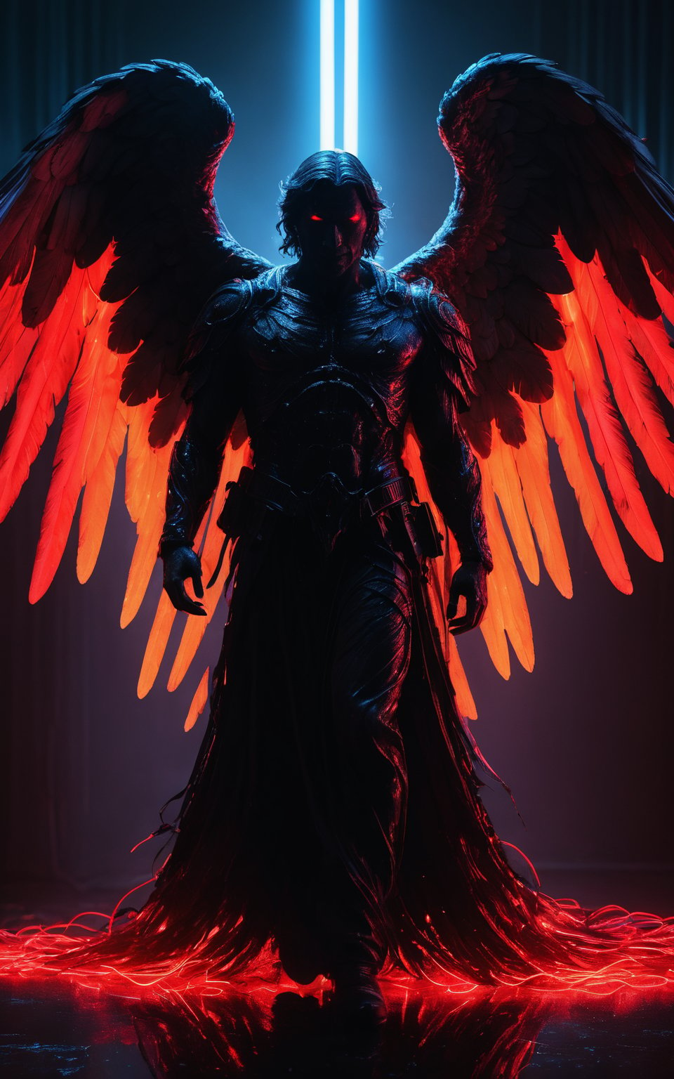 (best quality,4k,8k,highres,masterpiece:1.2),ultra-detailed,(realistic,photorealistic,photo-realistic:1.37),illustration,dark silhouette of a rotten archangel man,ghostly figure,neon lights,light particles,colorful,red,black colors,strong backlighting
