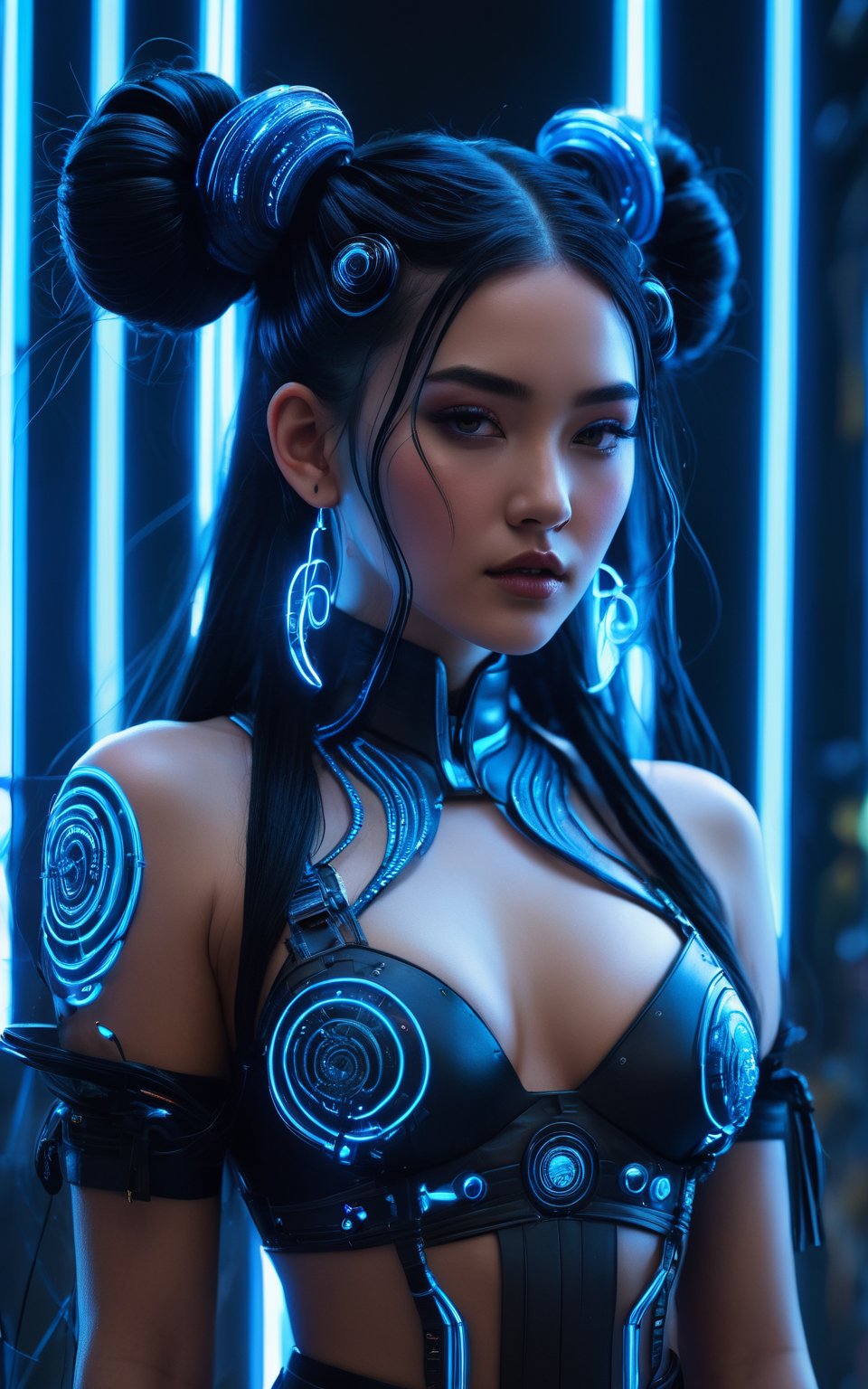 (best quality,8K,highres,masterpiece), ultra-detailed, cyberpunk woman adorned with long black hair fashioned into space buns. In this ethereal scene, she embodies the role of the goddess of horticulture, surrounded by millions of microscopic, ultra-bright blue neon strings emanating from her form. composition showcases a stunningly beautiful backlit silhouette, intricately detailed and adorned with neon clouds, creating a mesmerizing and vivid blue color palette.