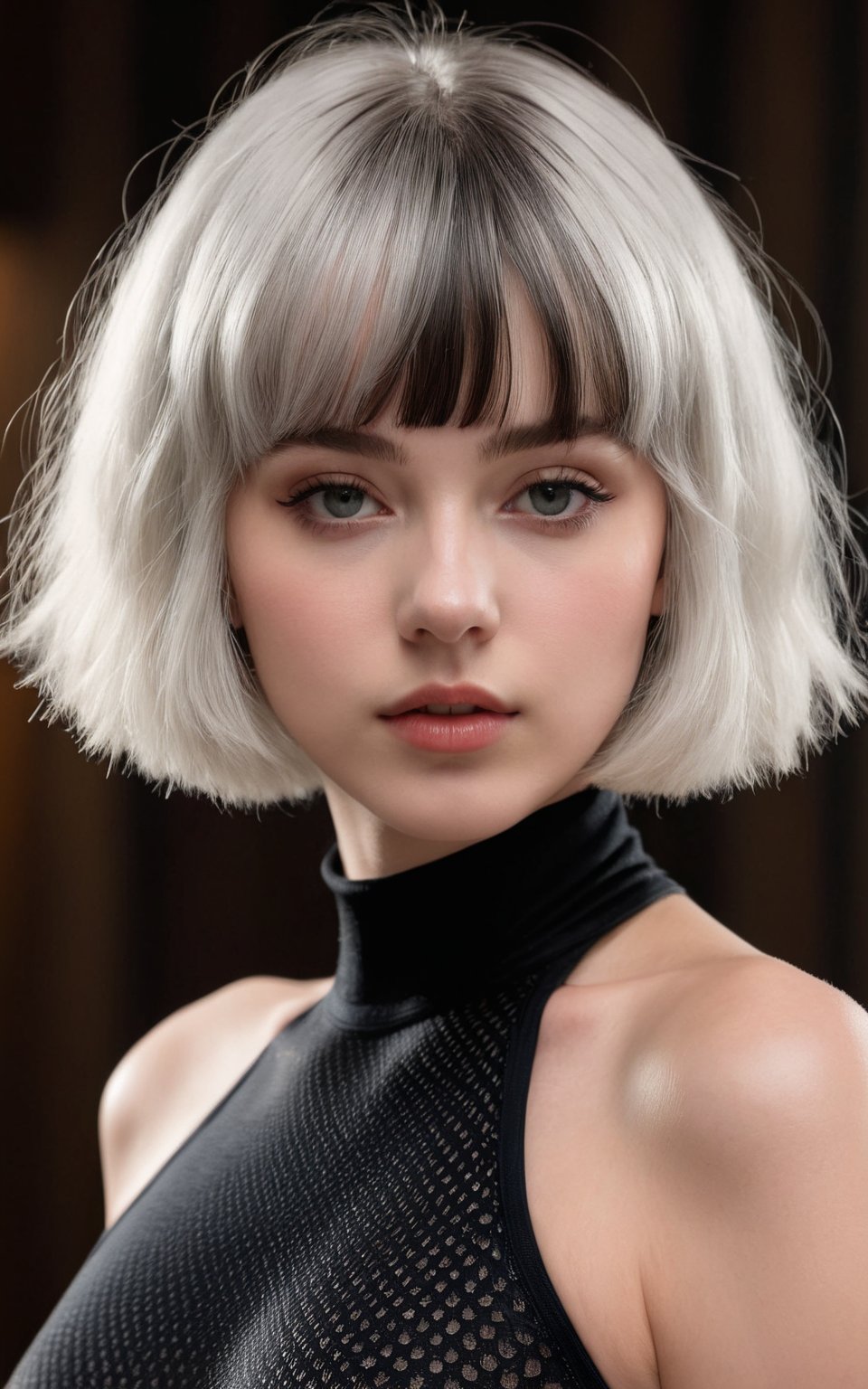 (best quality, 4k, 8k, high-res, masterpiece), ultra-detailed, (realistic, photorealistic, photo-realistic), 1girl, solo, looking at viewer, short hair, bangs, upper body, white hair, lips, bodysuit, makeup, nose, black bodysuit