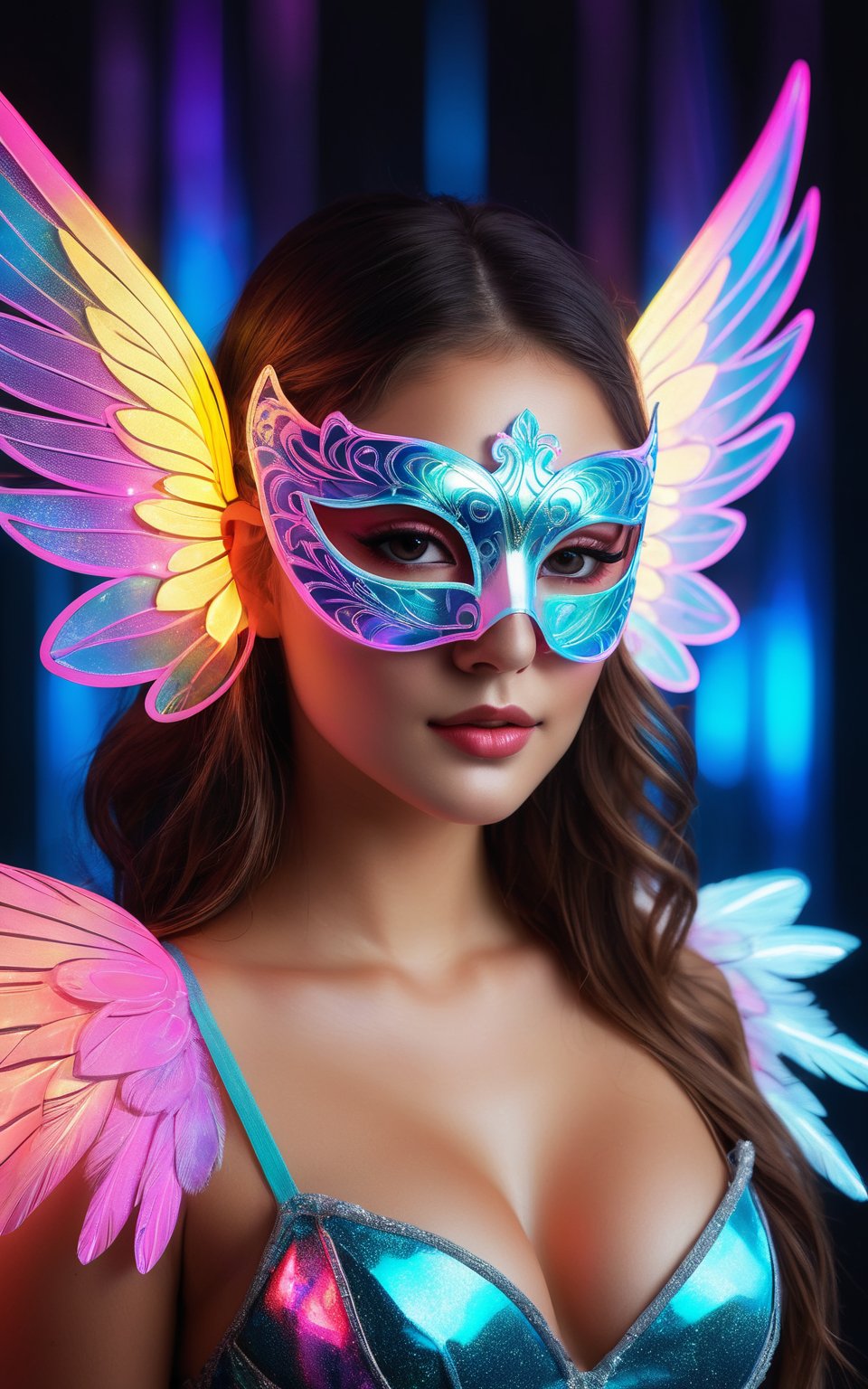 A hyper-realistic, hyper-detailed image of a photorealistic woman. She is wearing a glowing neon masquerade mask and wings with a glass effect and light-up accents. The background features a holographic effect, adding depth and vibrancy to the scene. The photography should capture every intricate detail, enhancing the surreal and captivating atmosphere. (hyper-realistic, hyper-detailed, photorealistic woman, glowing neon masquerade mask, glass effect wings, light-up accents, holographic background, intricate detail, surreal, captivating)