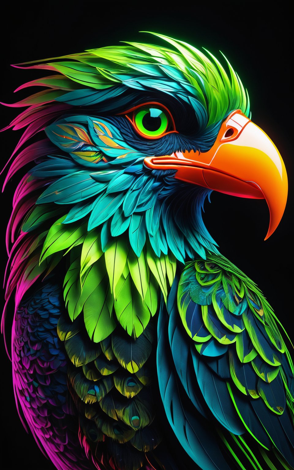 A vibrant and hyper-detailed portrait of a bird illuminated with neon light. The bird's feathers are adorned with intricate, glowing floral patterns and botanical elements. Its eyes are glowing neon green, and its beak is highlighted with neon light. The background is dark, enhancing the glow of the neon details. The overall style is a fusion of neon art and botanical motifs, creating a mesmerizing and surreal composition. (hyper-detailed, neon light, glowing floral patterns, botanical elements, neon green eyes, neon-highlighted beak, dark background, fusion of neon art and botanical motifs, mesmerizing, surreal)