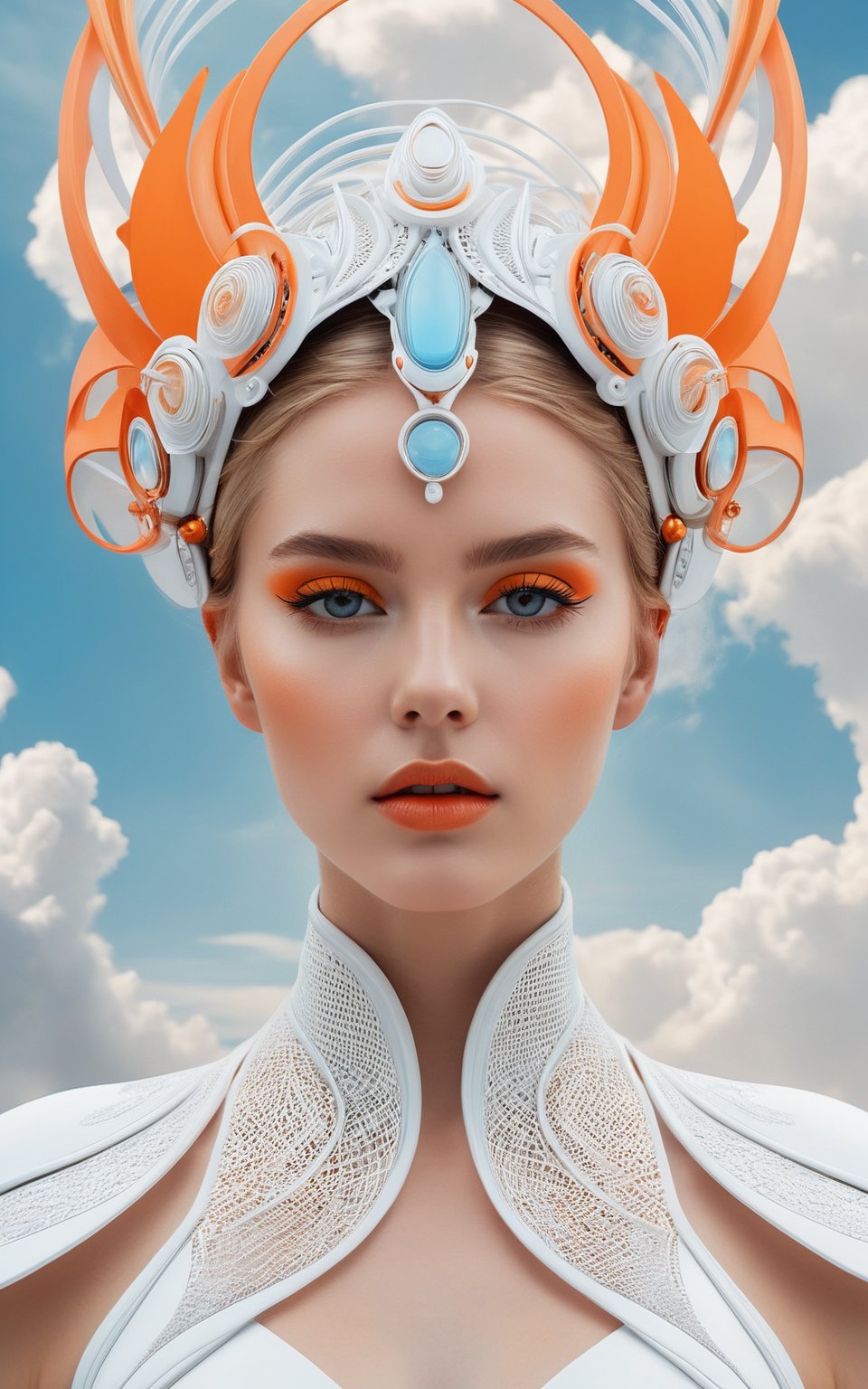 (best quality, 4K, 8K, high-resolution, masterpiece, ultra-detailed, photorealistic), surreal portrait, futuristic fashion, woman with abstract headpiece, intricate and flowing design, white and orange color scheme, soft and diffused lighting, ethereal atmosphere, minimalistic background, light blue sky with clouds, contemporary art style, high contrast, glowing accents.