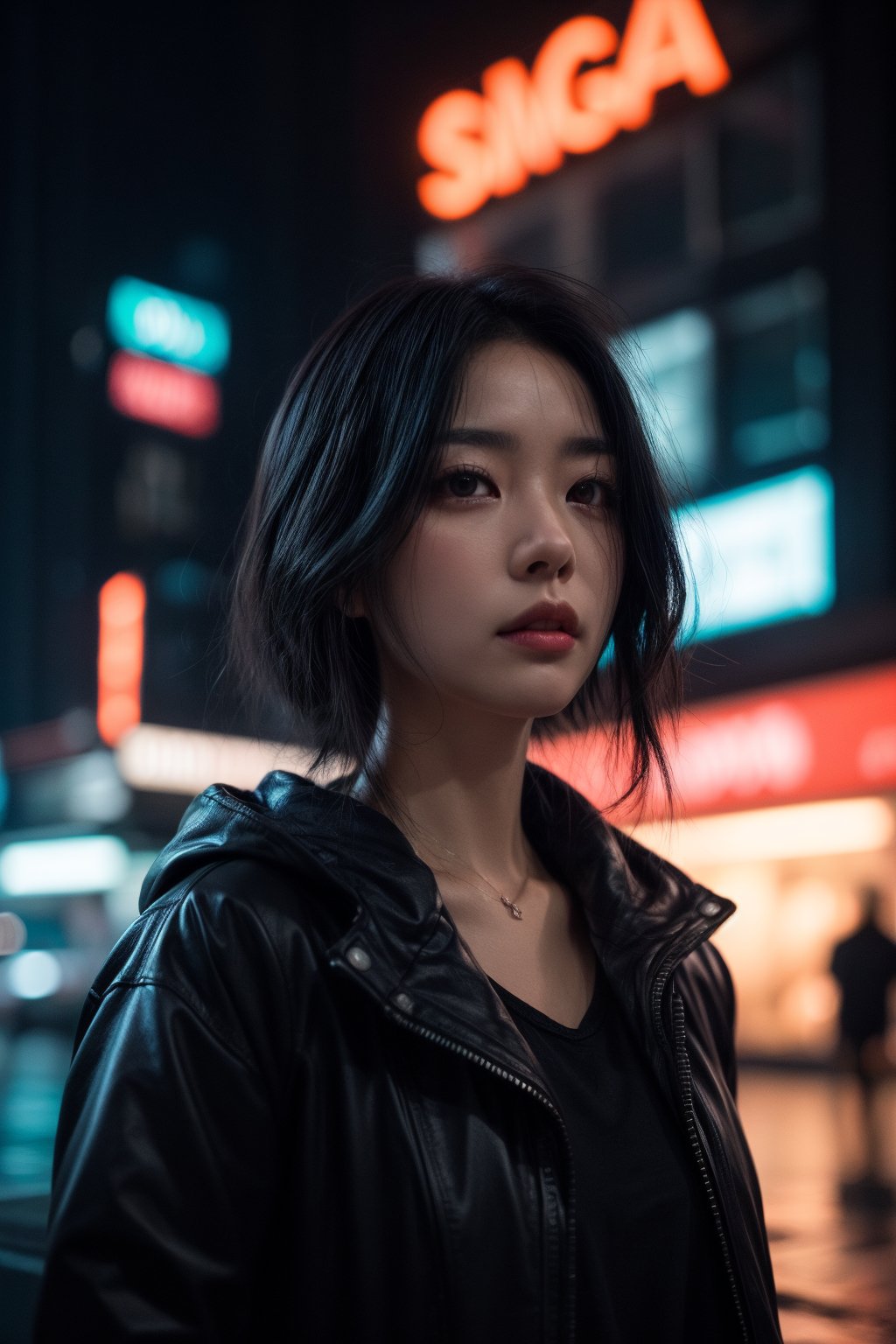 sdmai, wuye, Midnight, blurred figures, neon lights, , 1girl, rain, solo, black hair, cyberpunk, blurry, lips, english text, parted lips, reflection
 