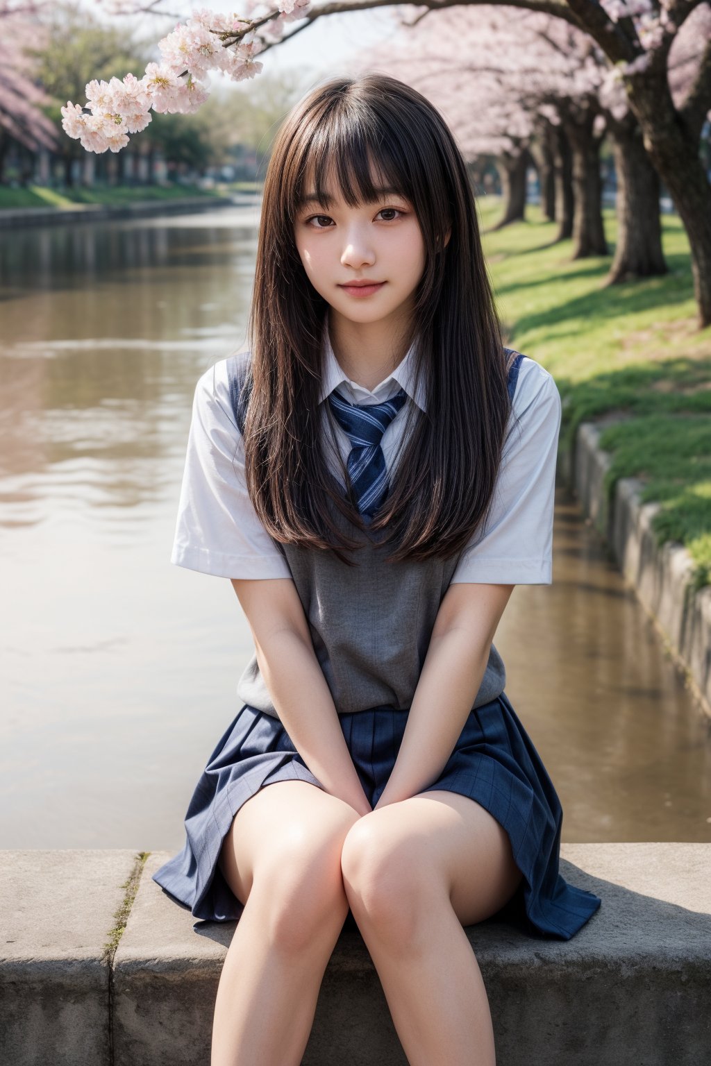 masterpiece,best quality,realistic,(realskin:1.5),1girl,outdoor,low_key,longhair,parted bangs,cherry blossoms,(river:1.2),school uniform,sitting,softlight,fog,smoky,,