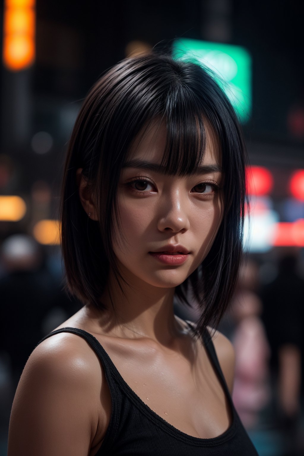 sdmai, wuye, Midnight, blurred figures, neon lights, , 1girl, rain, solo, black hair, cyberpunk, blurry, lips, english text, parted lips, reflection
 