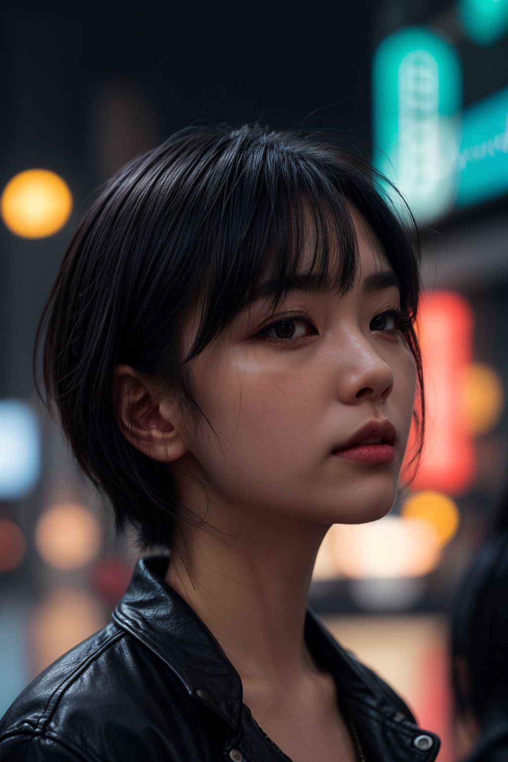 sdmai, wuye, Midnight, blurred figures, neon lights, , 1girl, rain, solo, black hair, cyberpunk, blurry, lips, english text, parted lips, reflection
 