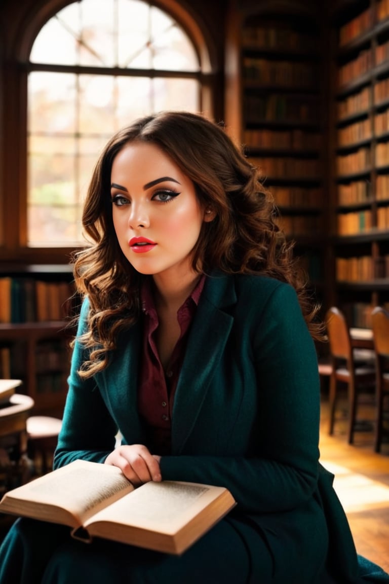 HQ photography, closeup portrait, sharp focus, bokeh background, high contrast, In a serene, cinematic setting, a lovely, young woman, reminiscent of Angeline, sits in an antique university library, looking at the book, Degas-like attention to detail captures every curl and curve of her body. In the background, an antique library full of books and ladders is bathed by the afternoon sun rays, creating a sense of depth and atmosphere. The overall effect is stunning, with cinematic flair, masterpiece, shines brightly on ArtStation, trending for all to admire.,dark academia outfit, brown teal color palette, Rembrandt Lighting Style,darkacademia,photorealistic,tweed blazer, collar shirt, beret,Kodak Motion Picture Film Style, ohwx woman, ohwx, Elizabeth Gillies,eliGil