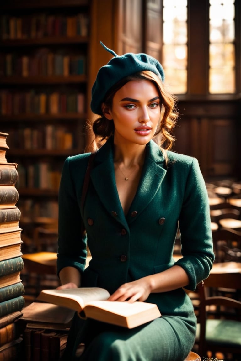 HQ photography, closeup portrait, sharp focus, bokeh background, high contrast, In a serene, cinematic setting, a lovely, young woman, reminiscent of Angeline, sits in an antique university library, looking at the book, Degas-like attention to detail captures every curl and curve of her body. In the background, an antique library full of books and ladders is bathed by the afternoon sun rays, creating a sense of depth and atmosphere. The overall effect is stunning, with cinematic flair, masterpiece, shines brightly on ArtStation, trending for all to admire.,dark academia outfit, brown teal color palette, Rembrandt Lighting Style,darkacademia,photorealistic,tweed blazer, collar shirt, beret,Kodak Motion Picture Film Style, ohwx woman, ohwx, ,irinashayk