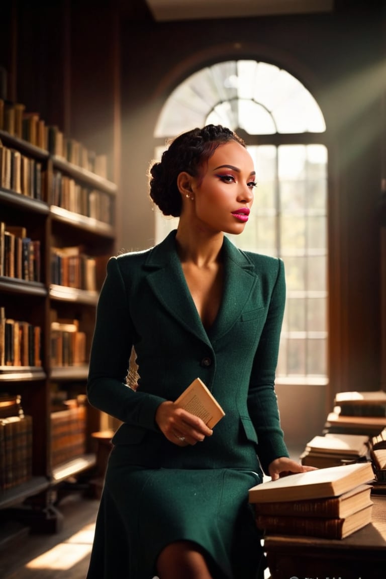 HQ photography, closeup portrait, sharp focus, bokeh background, high contrast, In a serene, cinematic setting, a lovely, young woman, reminiscent of Angeline, sits in an antique university library, looking at the book, Degas-like attention to detail captures every curl and curve of her body. In the background, an antique library full of books and ladders is bathed by the afternoon sun rays, creating a sense of depth and atmosphere. The overall effect is stunning, with cinematic flair, masterpiece, shines brightly on ArtStation, trending for all to admire.,dark academia outfit, brown teal color palette, Rembrandt Lighting Style,darkacademia,photorealistic,tweed blazer, collar shirt, beret,Kodak Motion Picture Film Style, ohwx woman, ohwx, ,Sasha Banks