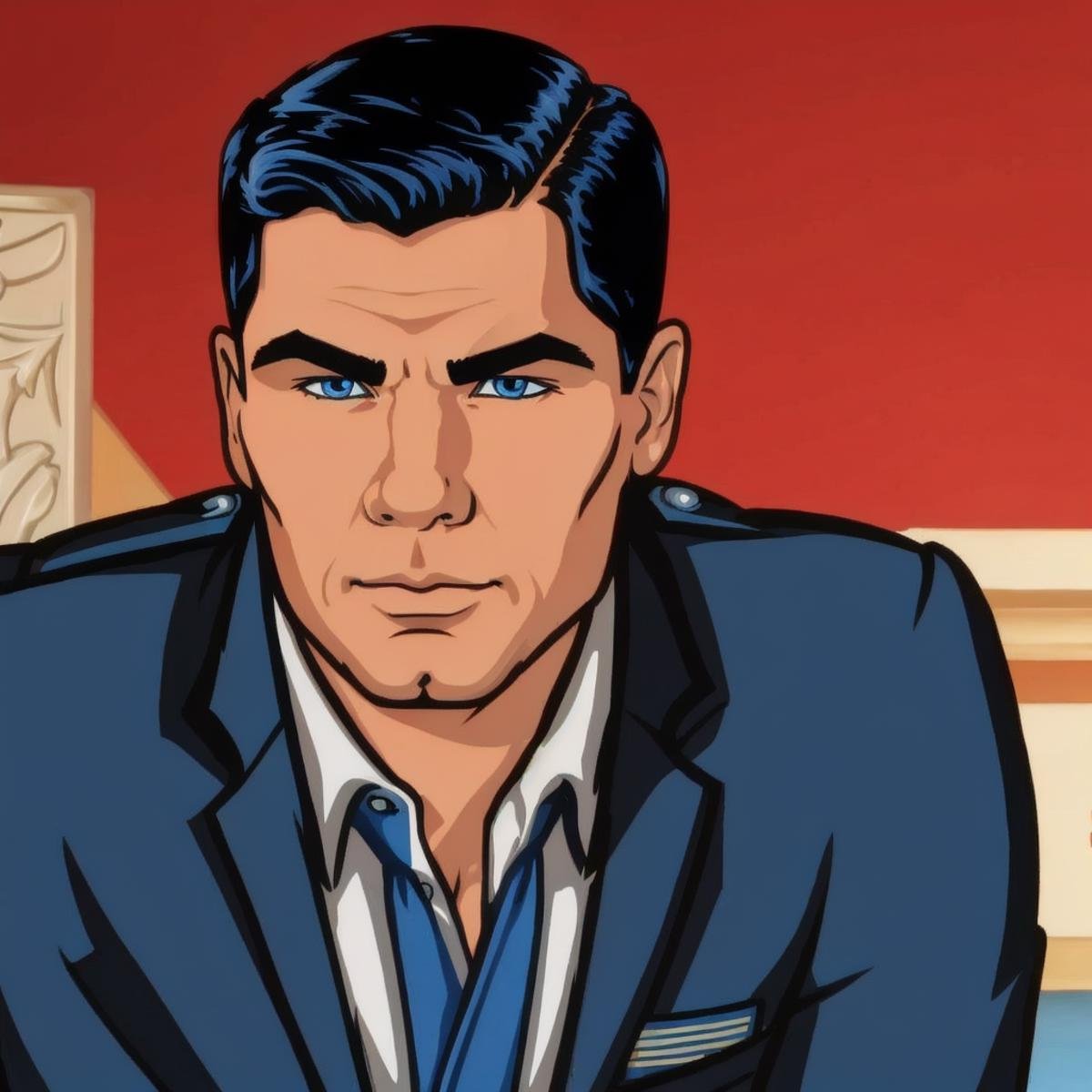 cartoon of  archerfx <lora:archerfx-v1:0.7>, male, blue eyes, slim, narrow waist, broad shoulders, capitan america outfit, 