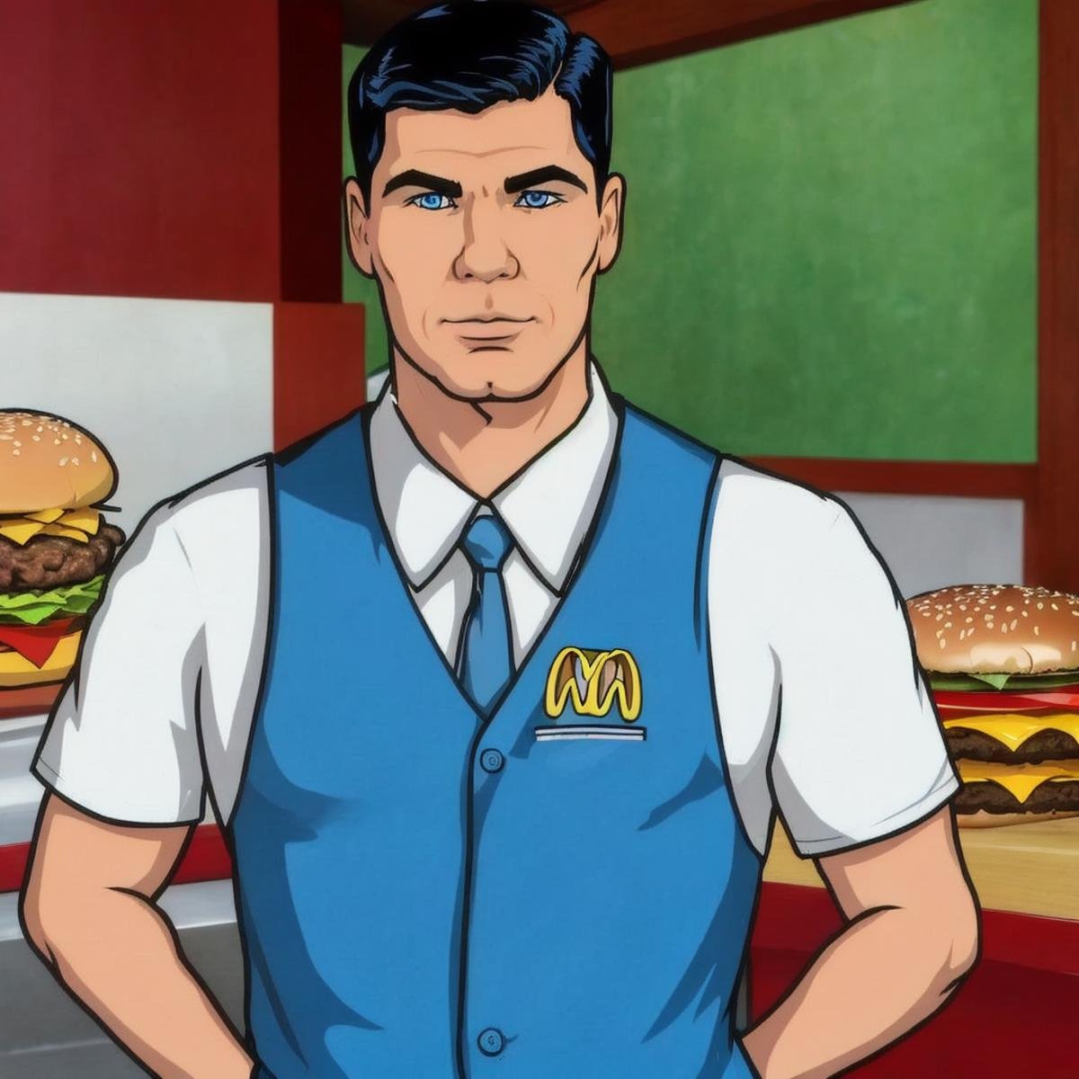 cartoon of  archerfx <lora:archerfx-v1:0.7>, male, blue eyes, slim, narrow waist, broad shoulders, working at a burger place, mcdonalds worker outfit