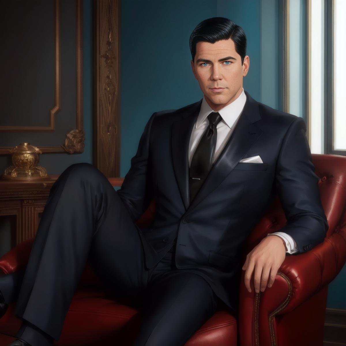 8k HD RAW High resolution, highly detailed, sharp focus, intricate, smooth,  photorealistic, full body portrait of  archerfx <lora:archerfx-v1:0.3>, handsome male, sharp facial features, blue eyes, slim, narrow waist, broad shoulders, black suit and tie, sitting on leather chair, 