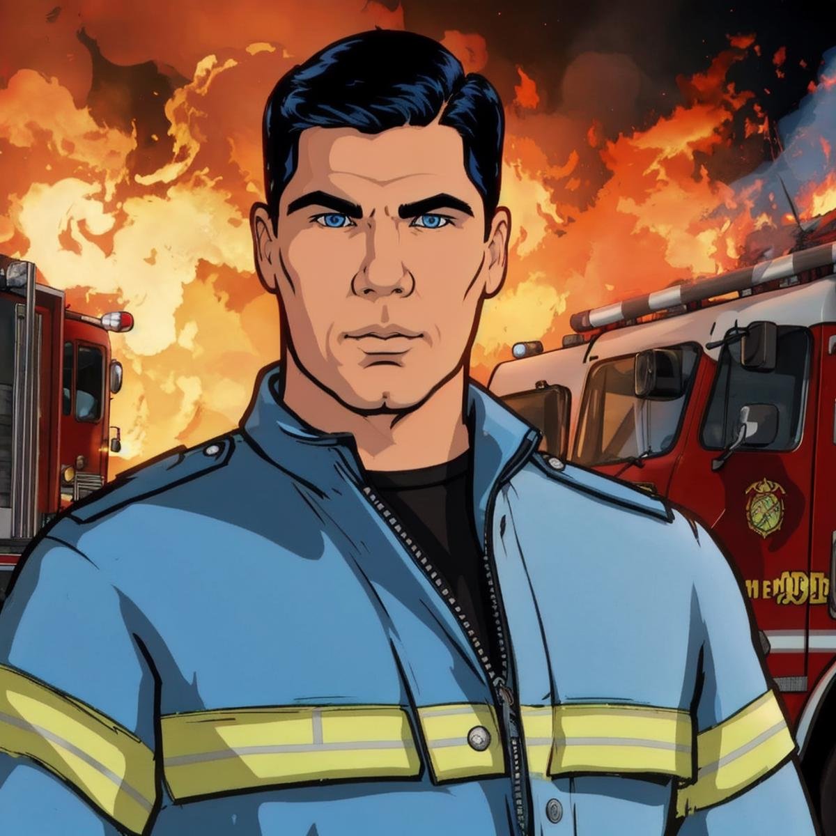 cartoon of  archerfx <lora:archerfx-v1:0.7>, male, blue eyes, slim, narrow waist, broad shoulders, firefighter outfit, fire truck background