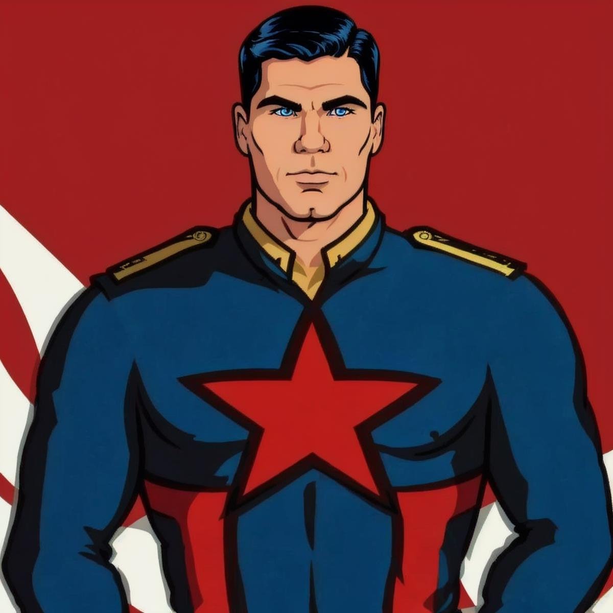 cartoon of  archerfx <lora:archerfx-v1:0.7>, male, blue eyes, slim, narrow waist, broad shoulders, capitan america outfit, military field background