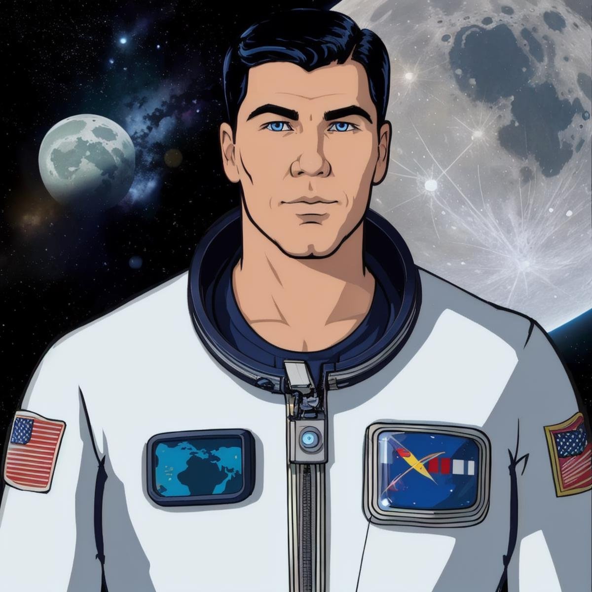 cartoon of  archerfx <lora:archerfx-v1:0.6>, male, blue eyes, slim, narrow waist, broad shoulders, astronaut suit, walking on moon, space background