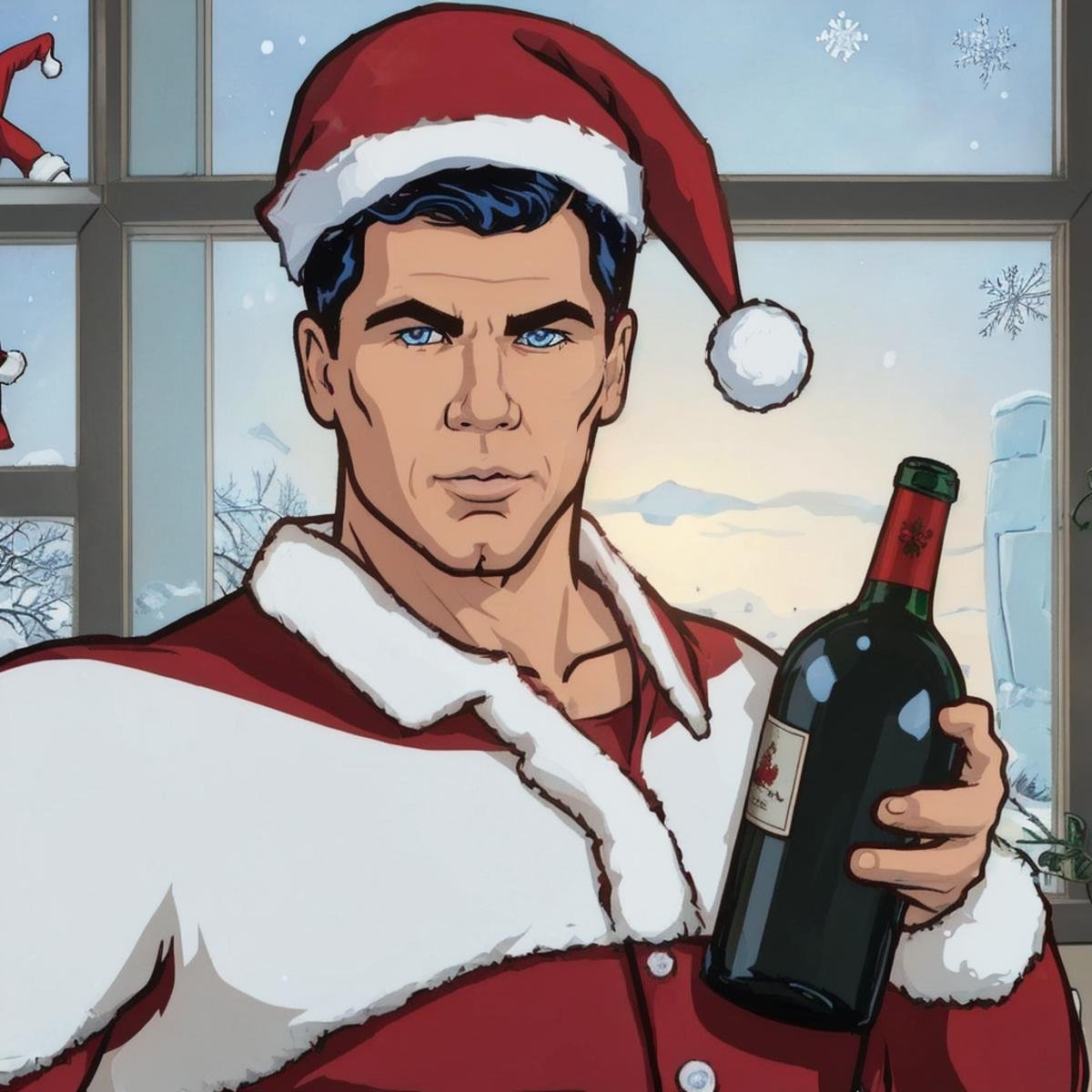 cartoon of  archerfx <lora:archerfx-v1:0.6>, male, blue eyes, slim, narrow waist, broad shoulders, santa claus outfit, santa hat, holding one wine bottle, in front of snow window