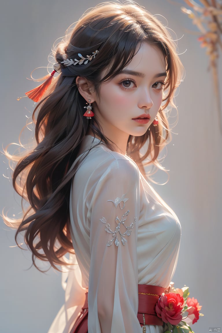  1girl, solo, long hair, looking at viewer, smile, simple background, black hair, hair ornament, white background, jewelry, closed mouth, upper body, earrings, makeup, chinese clothes, red lips, tassel earrings, hanfu, realistic, Gauze Skirt