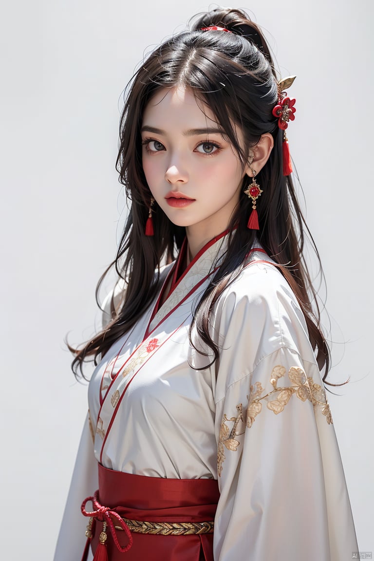  1girl, solo, long hair, looking at viewer, smile, simple background, black hair, hair ornament, white background, jewelry, closed mouth, upper body, earrings, makeup, chinese clothes, red lips, tassel earrings, hanfu, realistic, Gauze Skirt