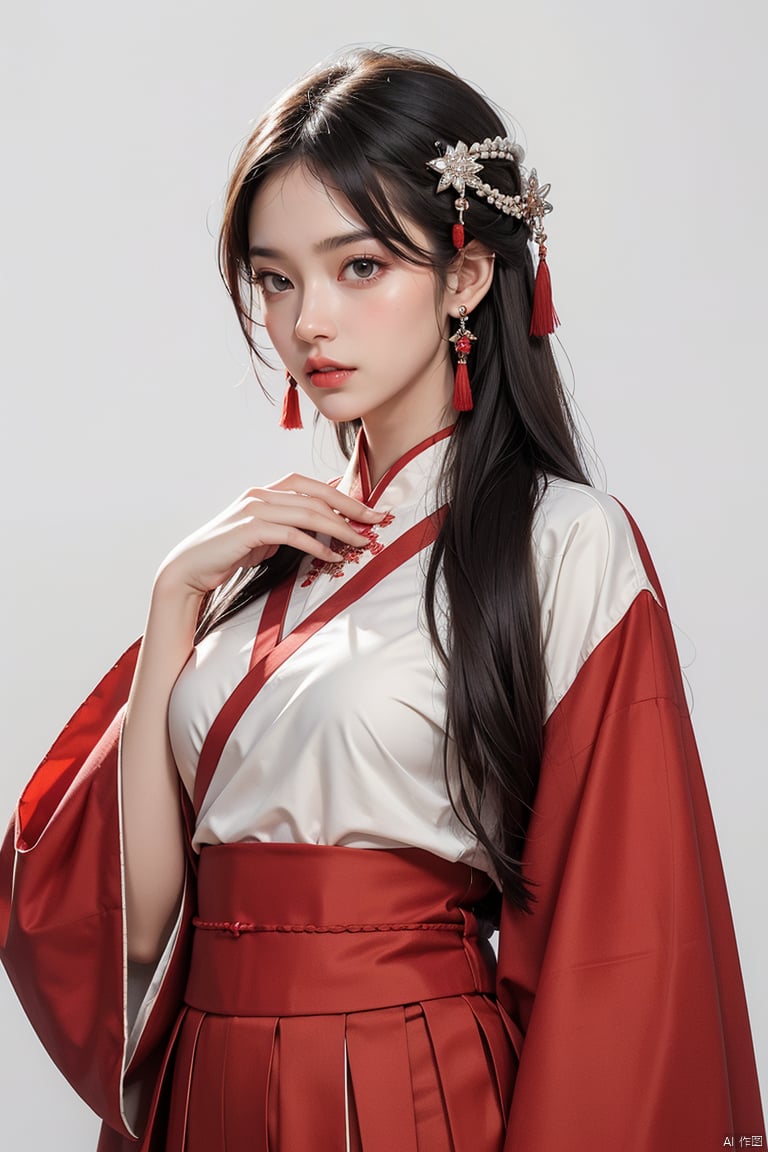  1girl, solo, long hair, looking at viewer, smile, simple background, black hair, hair ornament, white background, jewelry, closed mouth, upper body, earrings, makeup, chinese clothes, red lips, tassel earrings, hanfu, realistic, Gauze Skirt