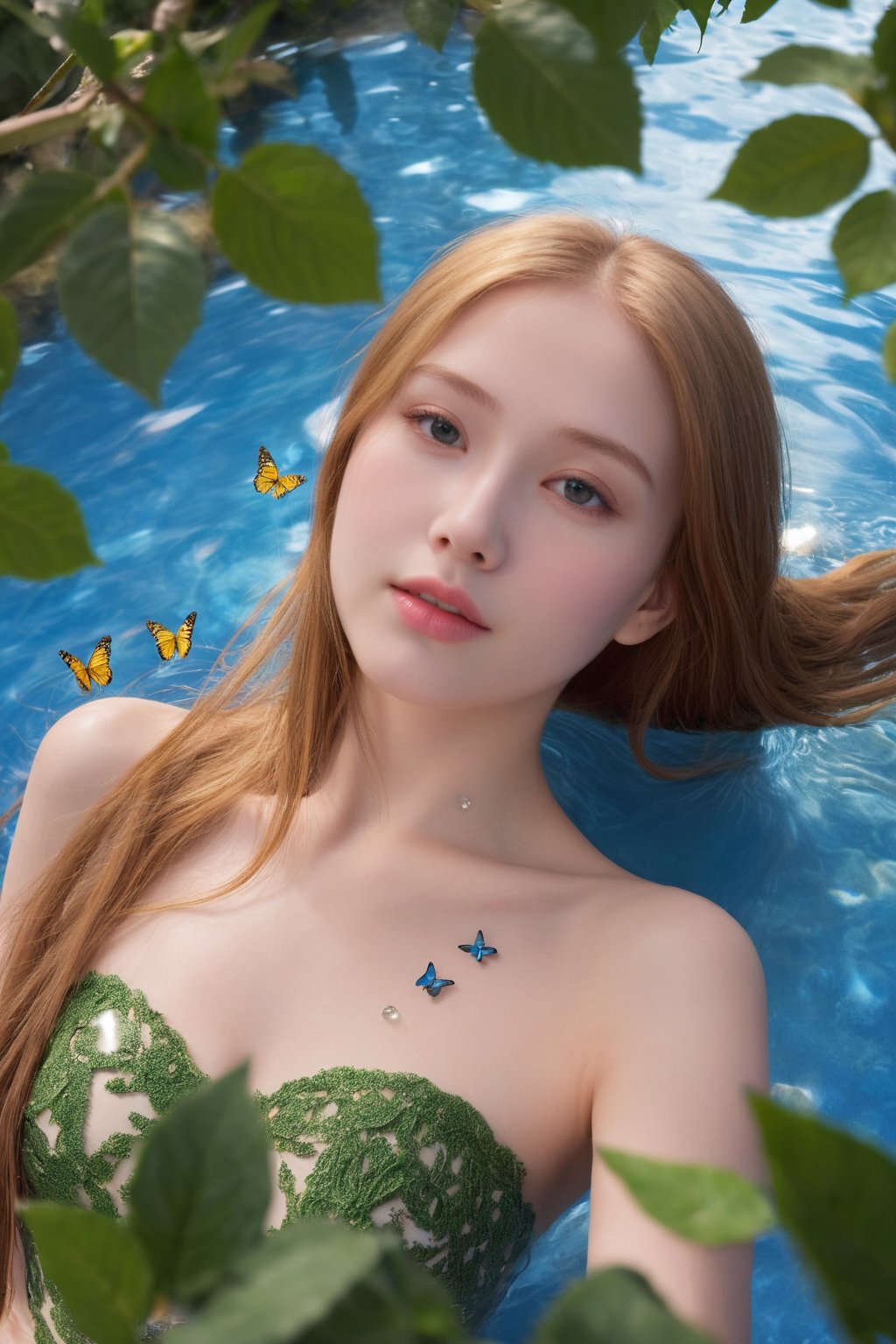 (ultra realistic,best quality),photorealistic,Extremely Realistic, in depth, cinematic light,portrait of a beautiful hubggirl, luminism, golden lines, 
a  21yo  has long swirling green hair, lavish green leaves, falling blue flowers, celestial lighting, butterflies, tree branches, sky, golden glowing, water drops, 

perfect lighting, vibrant colors, intricate details, high detailed skin, pale skin,hubggirl