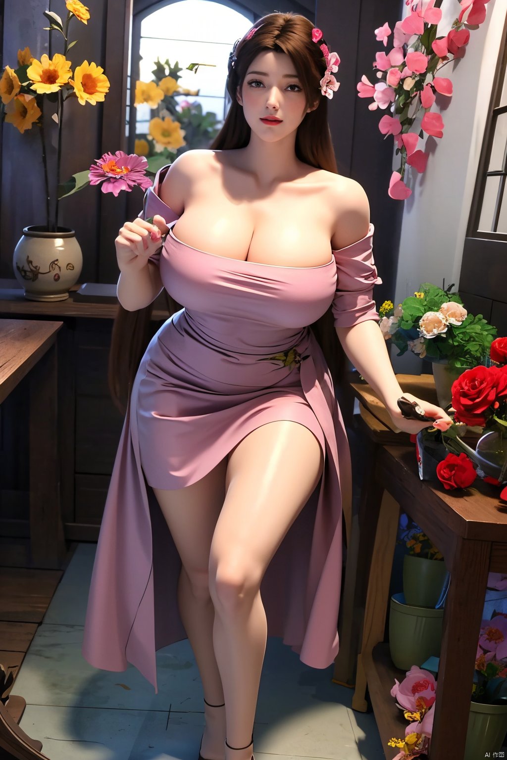 masterpiece,1girl, (big breasts:1.23),(Flowers:1.69),Xdie