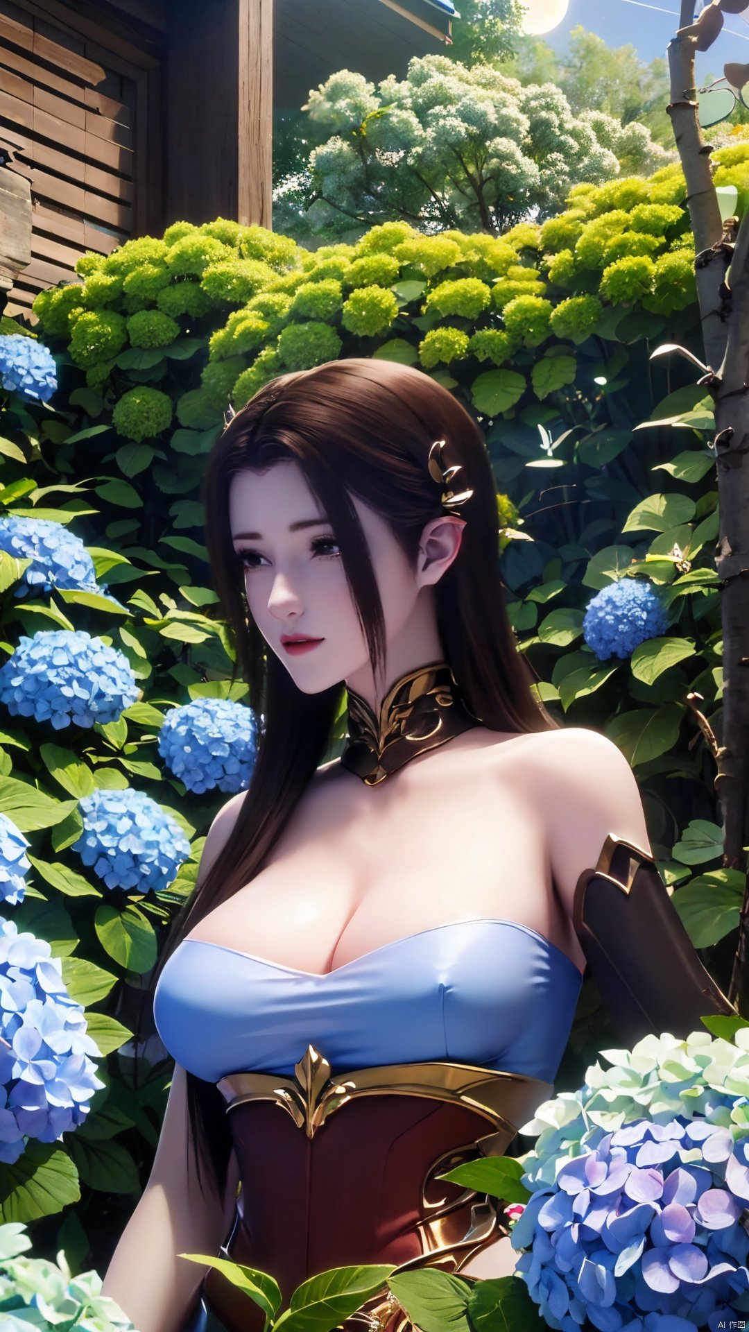 (masterpiece,best quality,official art),extremely detailed CG unity 8k wallpaper,1girl, upper body, light rays, light particles, waterfall, tree, clover,,(big breasts:1.29),  ,Xfengqinger,Xxiyouqin,Xliushen,X-Hydrangea,(Hydrangea:1.23),(daytime,full moon:1.23),Xdie,