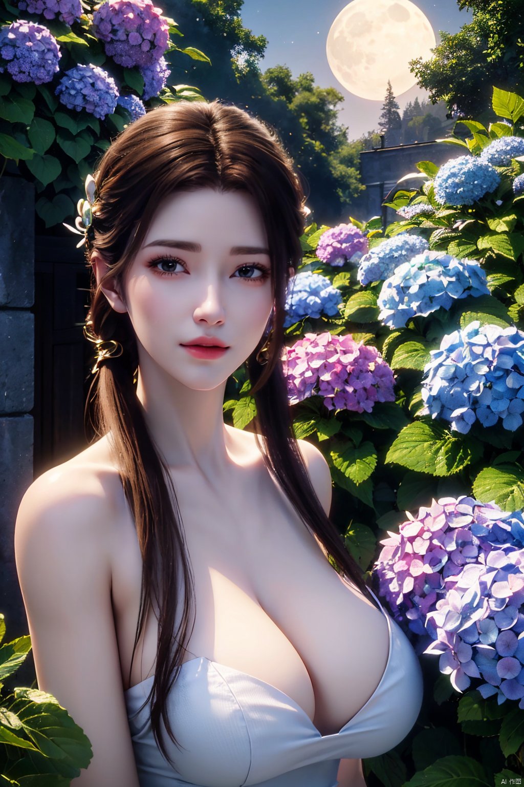 (masterpiece,best quality,official art),extremely detailed CG unity 8k wallpaper,1girl, upper body, light rays, light particles, waterfall, tree, clover,,(big breasts:1.29),  ,Xfengqinger,Xxiyouqin,Xliushen,X-Hydrangea,(Hydrangea:1.23),(daytime:1.39),(full moon:1.29),Xdie,