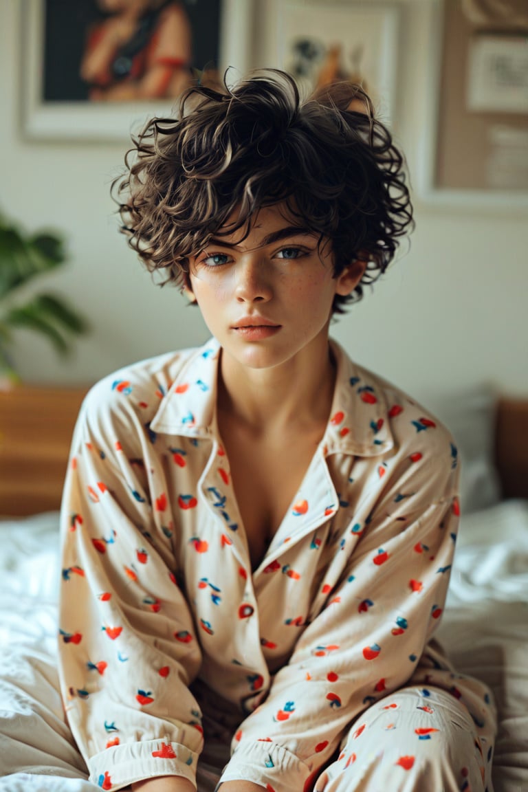 score_9, score_8_up, score_7_up, rating_save , Realistic Handsome Tomboy curly hair,Bedroom , Pajamas 