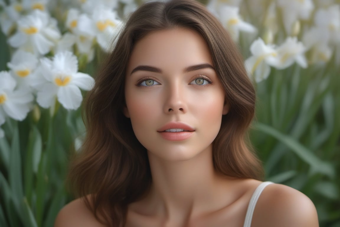 portrait of a young woman. she is looking up at the camera. her shoulder length brown hair frames her face. she is confident. natural beauty. beautiful green eyes with a little brown ring in her iris. catchlights in the eyes. full lips. The image has a neutral color tone with natural light setting. f/5.6 50mm, close-up, sharp focus, (Best Quality:1.4), (Ultra realistic, Ultra high res), Highly detailed, Professional Photography