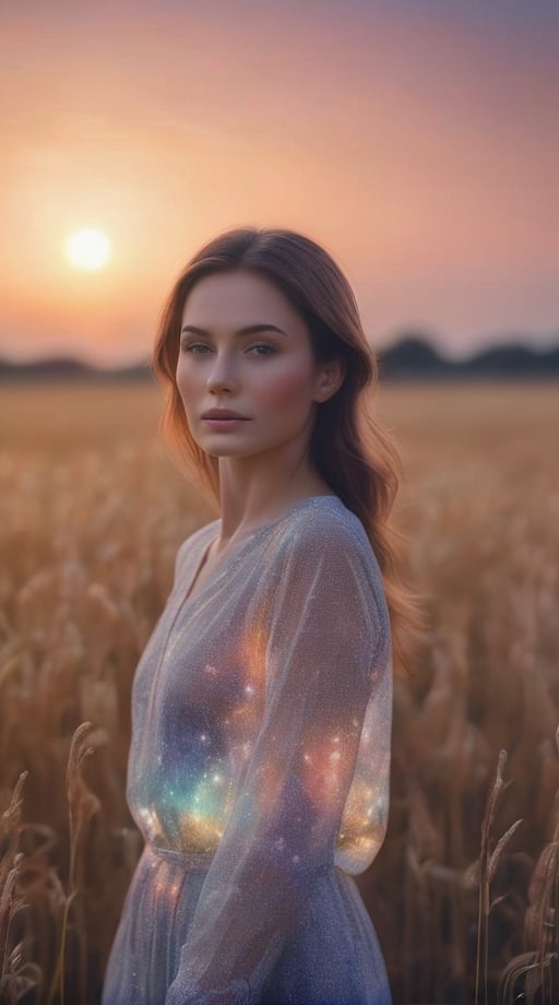 A close up fantastic image of a woman's outline containing the entire galaxy inside of her, as she stands in a field in summer at sunset, a soft aura surrounding her
