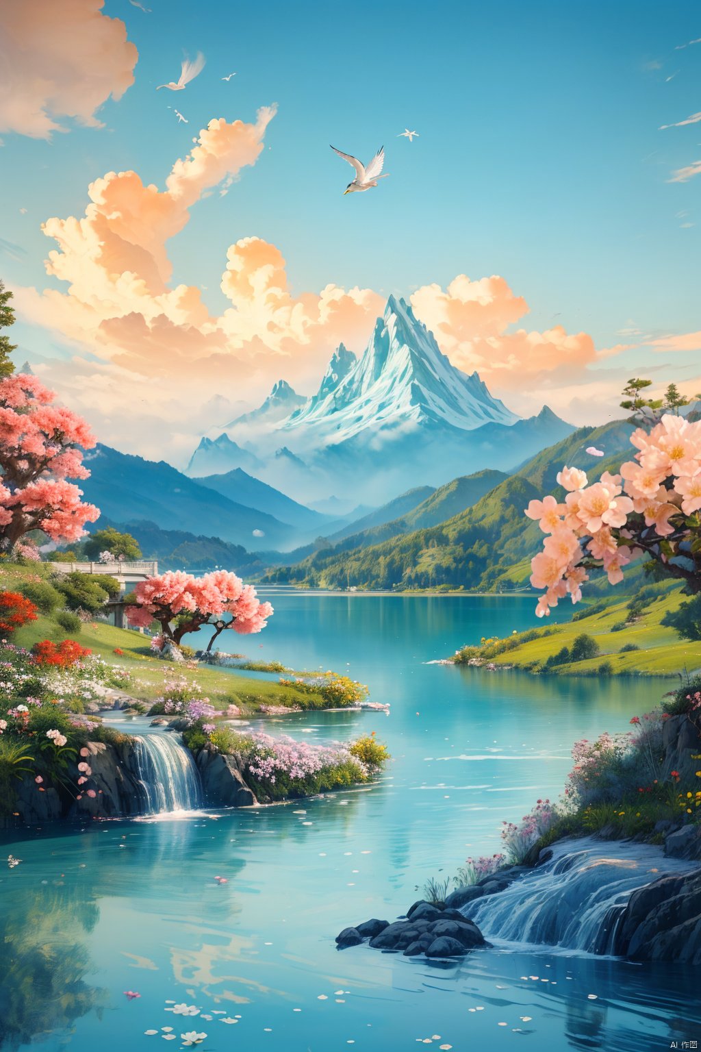 (masterpiece:1.2),best quality,highres,original,extremely detailed wallpaper,perfect lighting,(extremely detailed CG:1.2),drawing,paintbrush,8k,insane details,intricate details,hyperdetailed,hyper quality,high detail,ultra detailed falling_petals,
beach blue sky boat cloud cloudy sky day flower horizon island lake mountain mountainous horizon ocean outdoors river scenery seagull shore sky sunset water watercraft waves white flower,fish,crane,building,bridge,