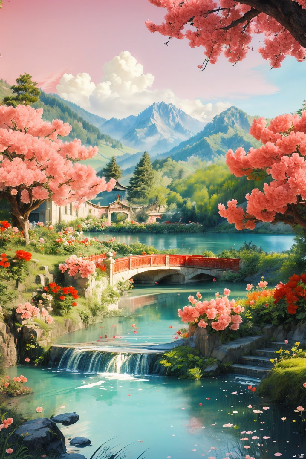 landscape,architecture,bridge,steps,lake,tree,leaf,red flower,pink flower,1girl,cloud, (best quality), ((masterpiece)), (highres), original, extremely detailed, 8K wallpaper, (an extremely delicate and beautiful), intricate detail, artbook