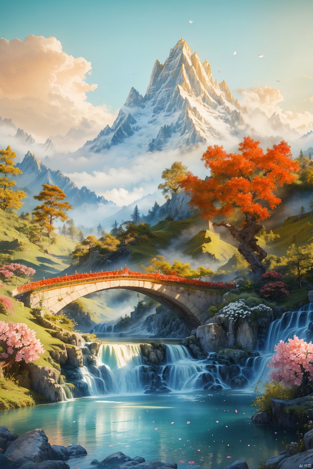 (masterpiece:1.2),best quality,highres,original,extremely detailed wallpaper,perfect lighting,(extremely detailed CG:1.2),drawing,paintbrush,8k,insane details,intricate details,hyperdetailed,hyper quality,high detail,ultra detailed falling_petals,
Illustration, landscape, no one, mountain, water, tree, outdoor, waterfall, building, sky, landscape, bridge, flower, white clouds