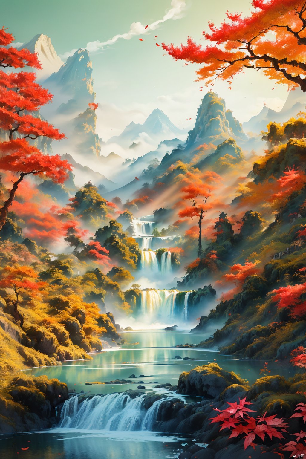 (masterpiece:1.2),best quality,highres,original,extremely detailed wallpaper,perfect lighting,(extremely detailed CG:1.2),drawing,paintbrush,8k,insane details,intricate details,hyperdetailed,hyper quality,high detail,ultra detailed falling_petals,
Colorful Chinese Painting, a Chinese painting of a waterfall in the mountains, trees, autumn vibe, red leaves, 