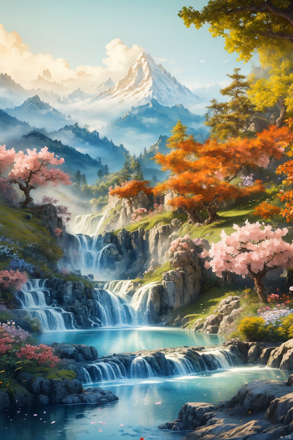 (masterpiece:1.2),best quality,highres,original,extremely detailed wallpaper,perfect lighting,(extremely detailed CG:1.2),drawing,paintbrush,8k,insane details,intricate details,hyperdetailed,hyper quality,high detail,ultra detailed falling_petals,
Illustration, landscape, no one, mountain, water, tree, outdoor, waterfall, building, sky, landscape,  flower, white clouds