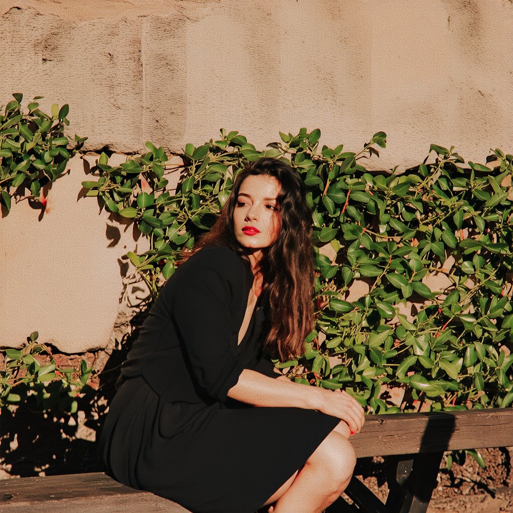 A solo portrait of a single girl, positioned in a subtle candid moment, sitting on a worn wooden bench with a weathered stone wall behind her. Soft natural light filters through the afternoon sun, casting a warm glow on her relaxed features and tousled hair. The framing captures her introspective gaze, as she leans slightly forward, her elbows resting on her knees, surrounded by lush greenery.