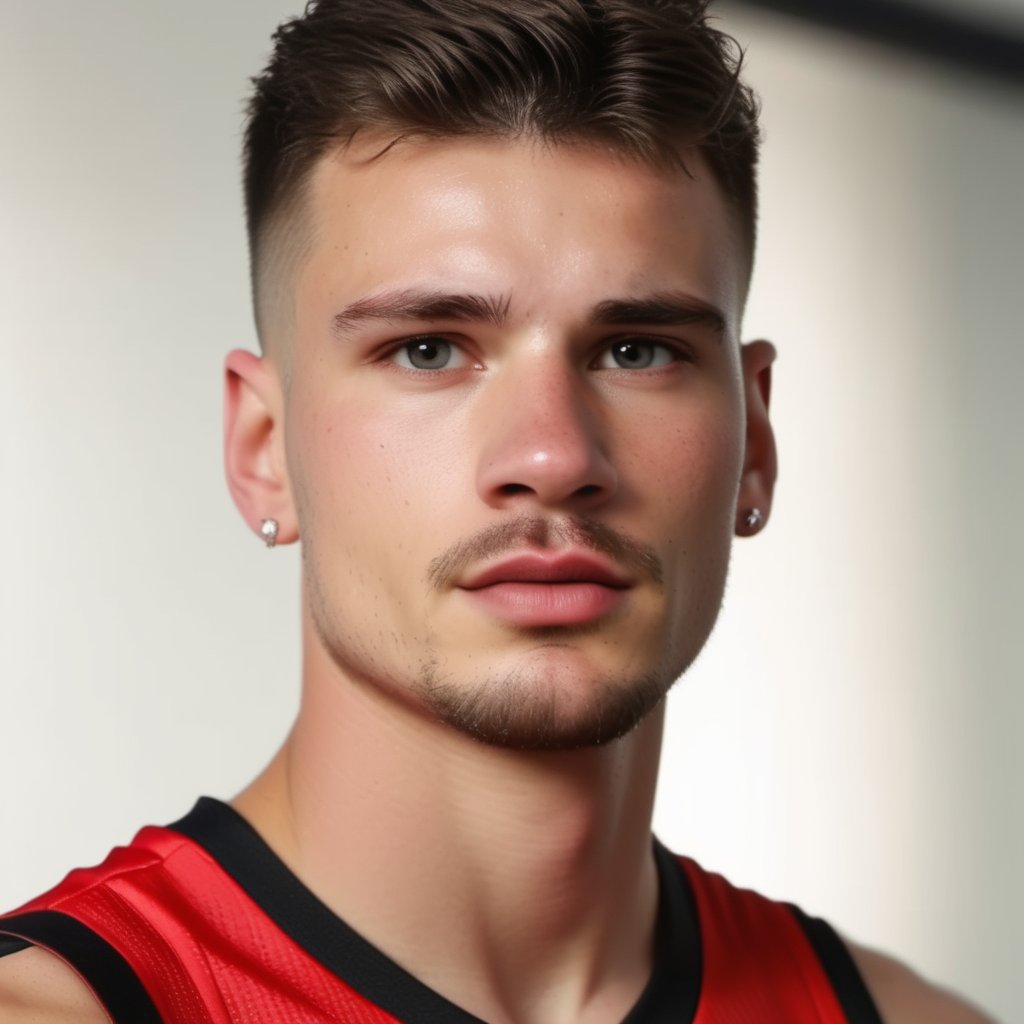 picture of a 20 years old boy, handsome, basketball player, sweaty, tattoos, wearing red basketball jersey, chicago bulls, NBA, caucasian, athlete, hot, thick eyebrows, varsity, stubble, scruffy hair, Chad, Max Bogoss

8k, 4k, cinematic lighting, very dramatic, very artistic, soft aesthetic, realistic, masterpiece, ((perfect anatomy): 1.5), best resolution, maximum quality, UHD, life with detail, analog, cinematic moviemaker style