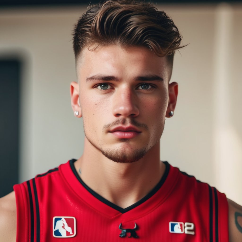 picture of a 20 years old boy, handsome, basketball player, sweaty, tattoos, wearing red basketball jersey, chicago bulls, NBA, caucasian, athlete, hot, thick eyebrows, varsity, stubble, scruffy hair, Chad, Max Bogoss

8k, 4k, cinematic lighting, very dramatic, very artistic, soft aesthetic, realistic, masterpiece, ((perfect anatomy): 1.5), best resolution, maximum quality, UHD, life with detail, analog, cinematic moviemaker style
